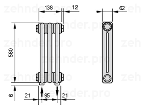Схема (чертеж) Радиатор Zehnder Charleston 2056/3 №5310 Белый глянцевый RAL 9016